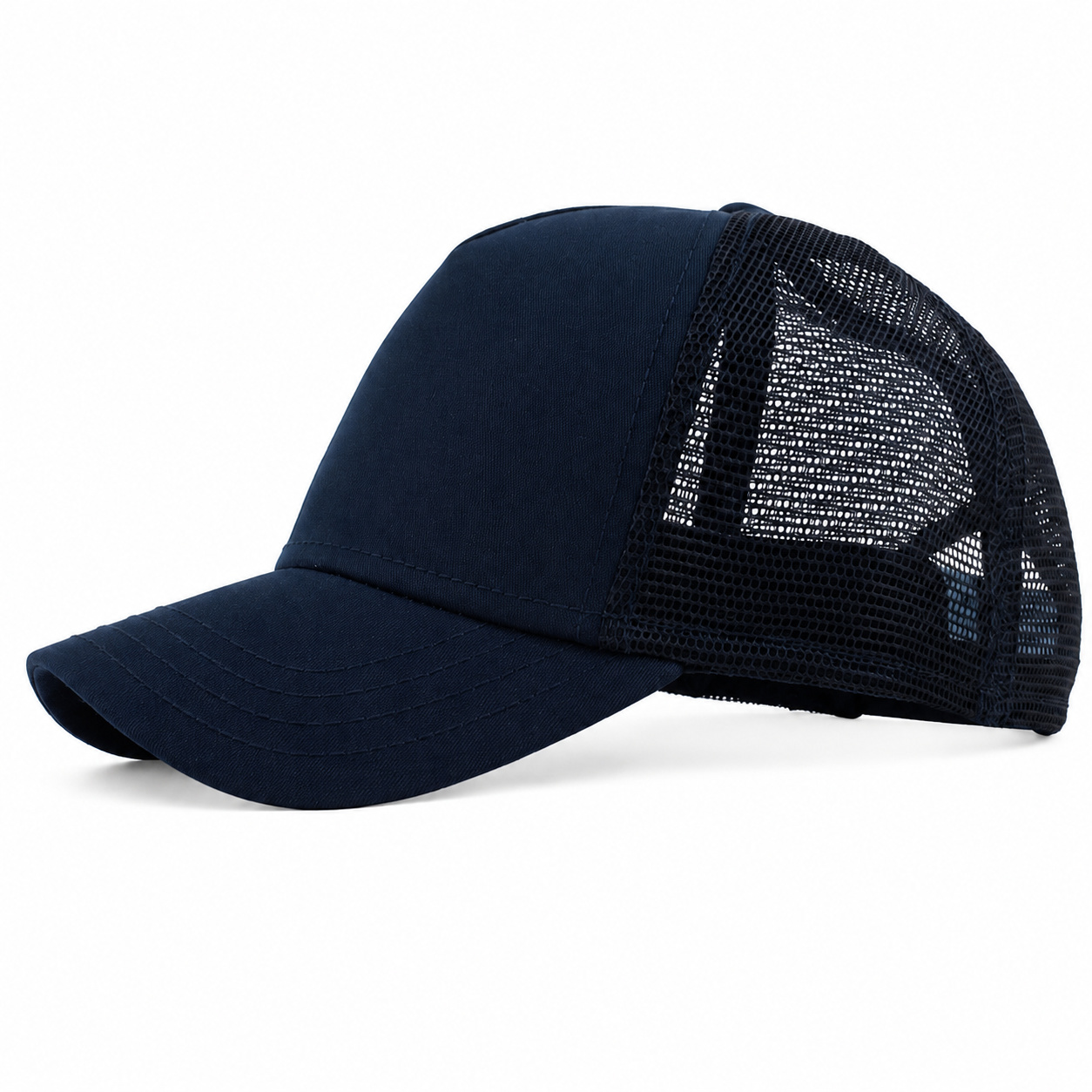 Navy 5-panel mesh trucker rear view
