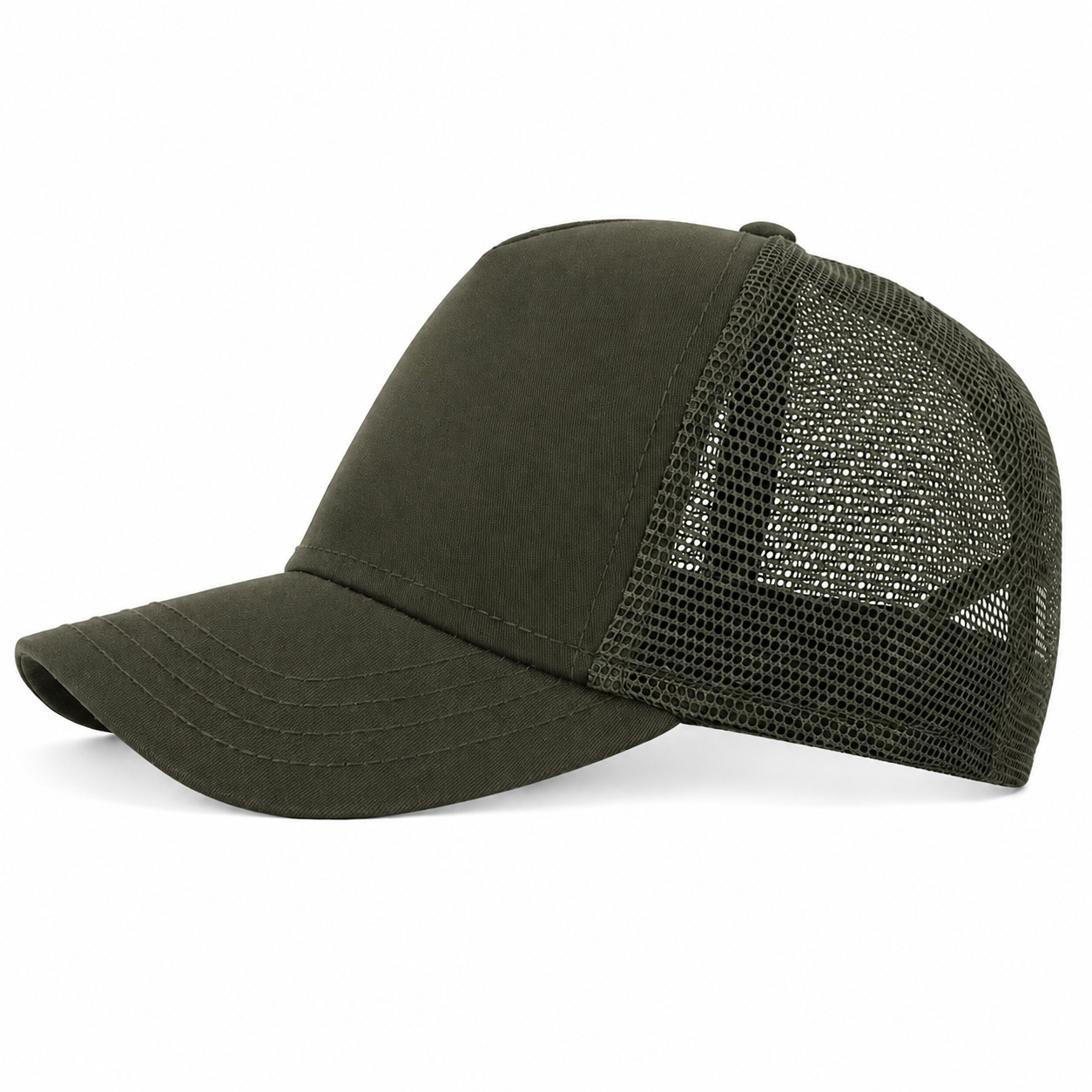 Olive 5-panel mesh trucker rear view