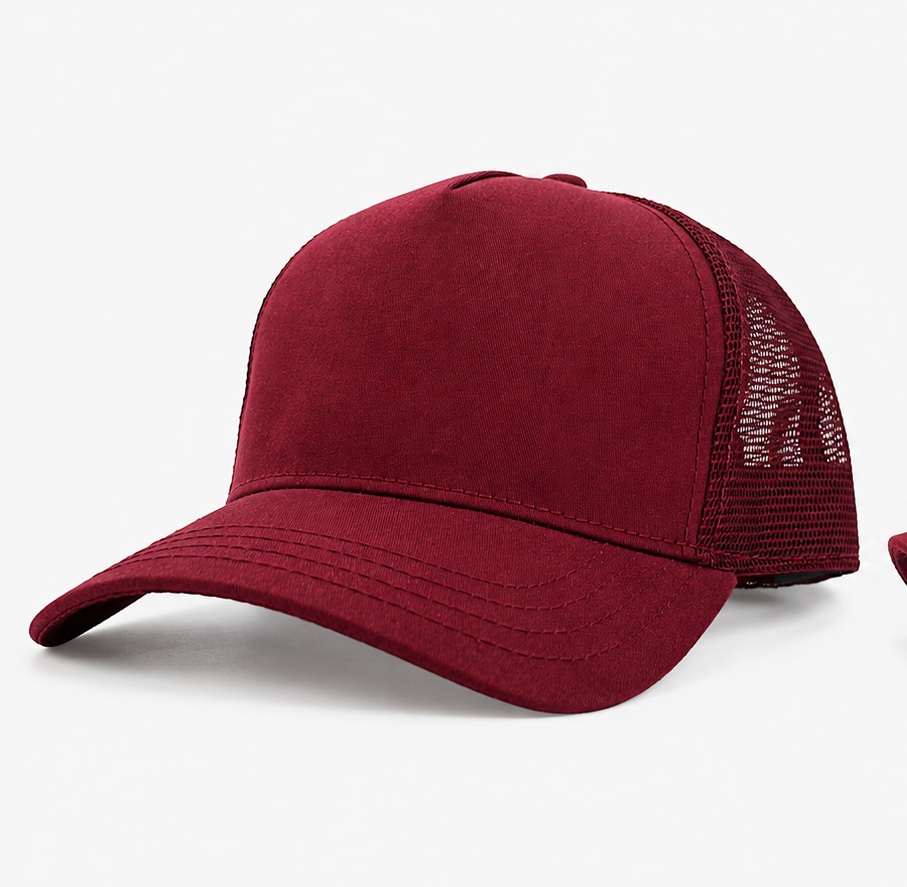 Red 5-panel mesh trucker front view