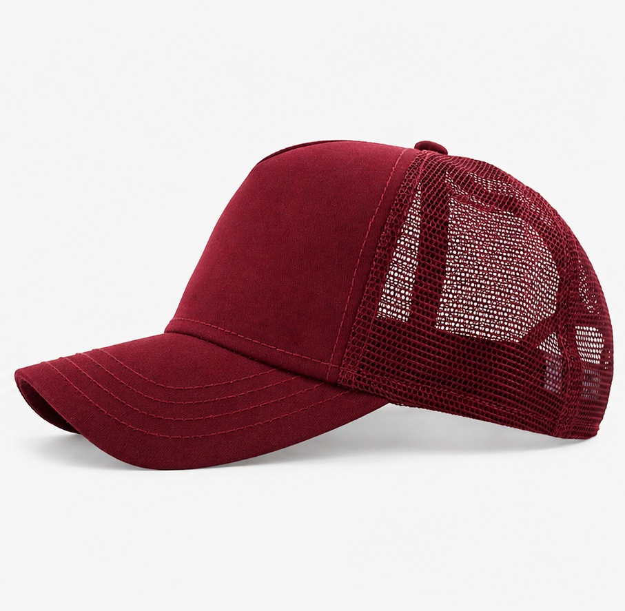 Red 5-panel mesh trucker rear view