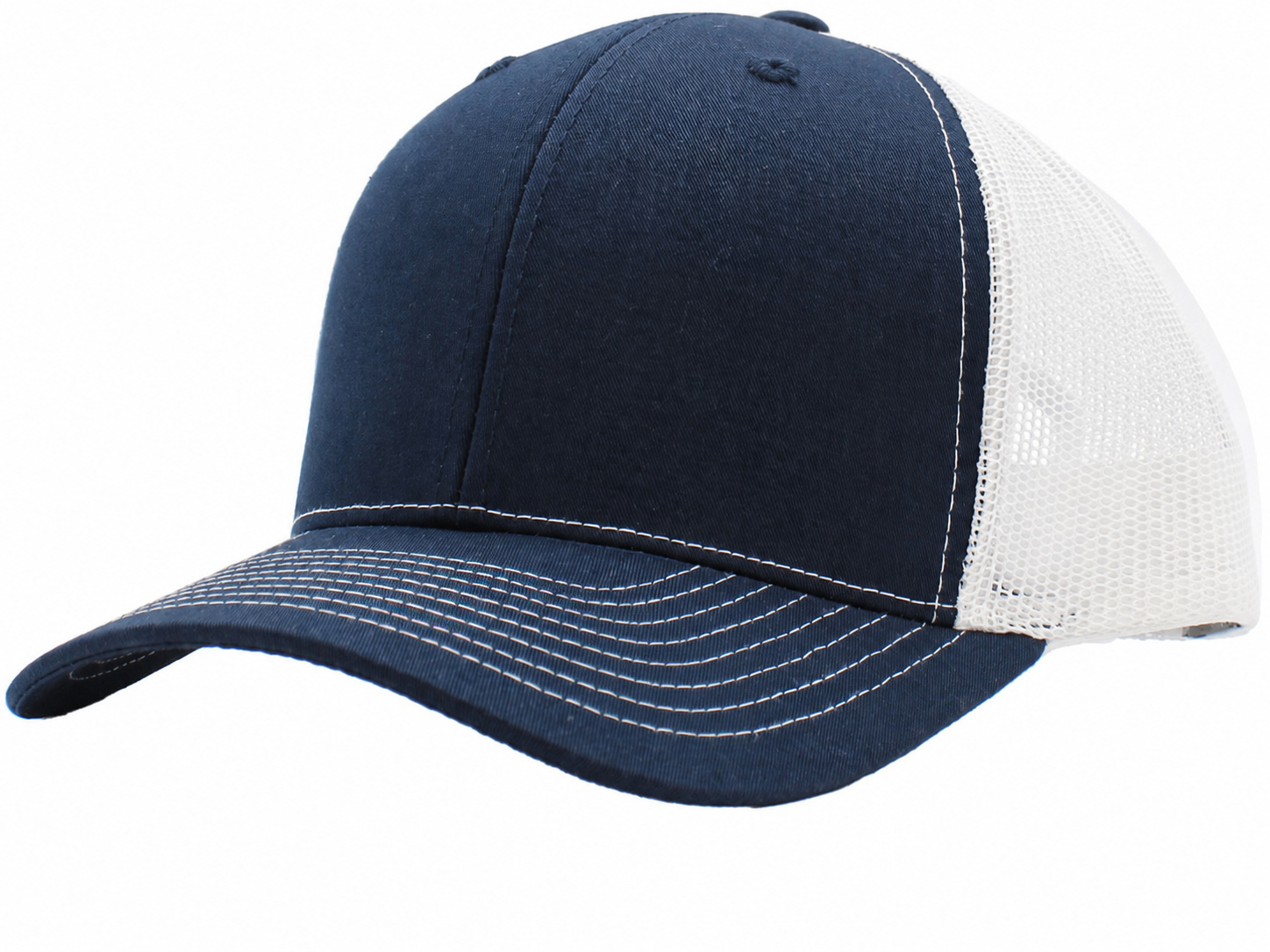 Navy and white 6-panel mesh trucker front view