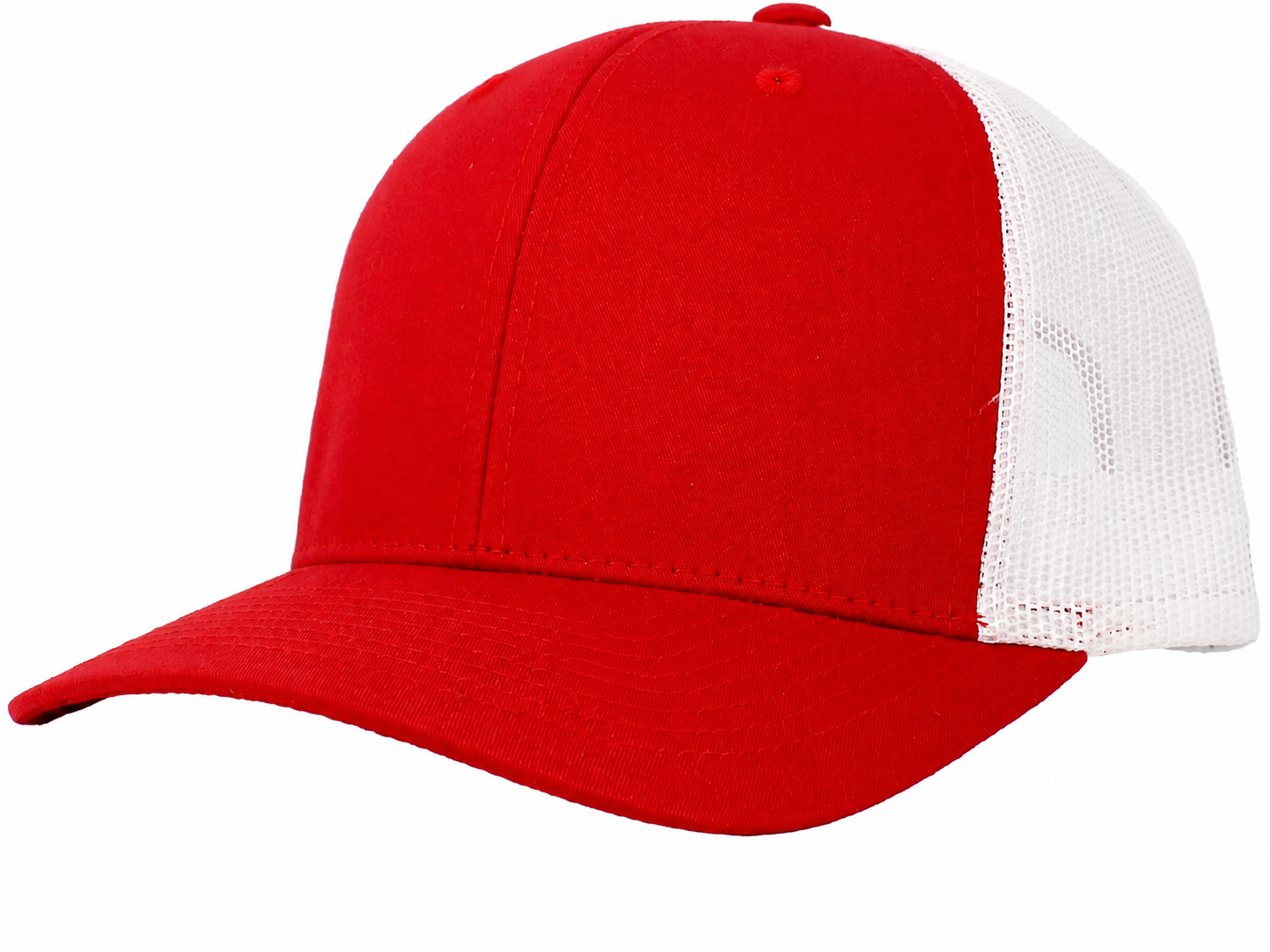 Red / White 6-panel mesh trucker front view