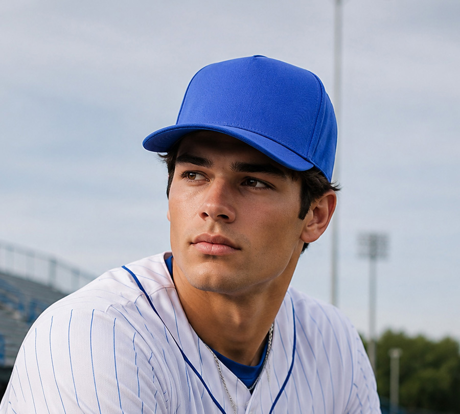 Model wearing a blue baseball cap