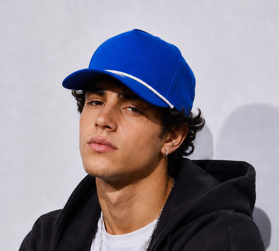 Model wearing a blue rope cap