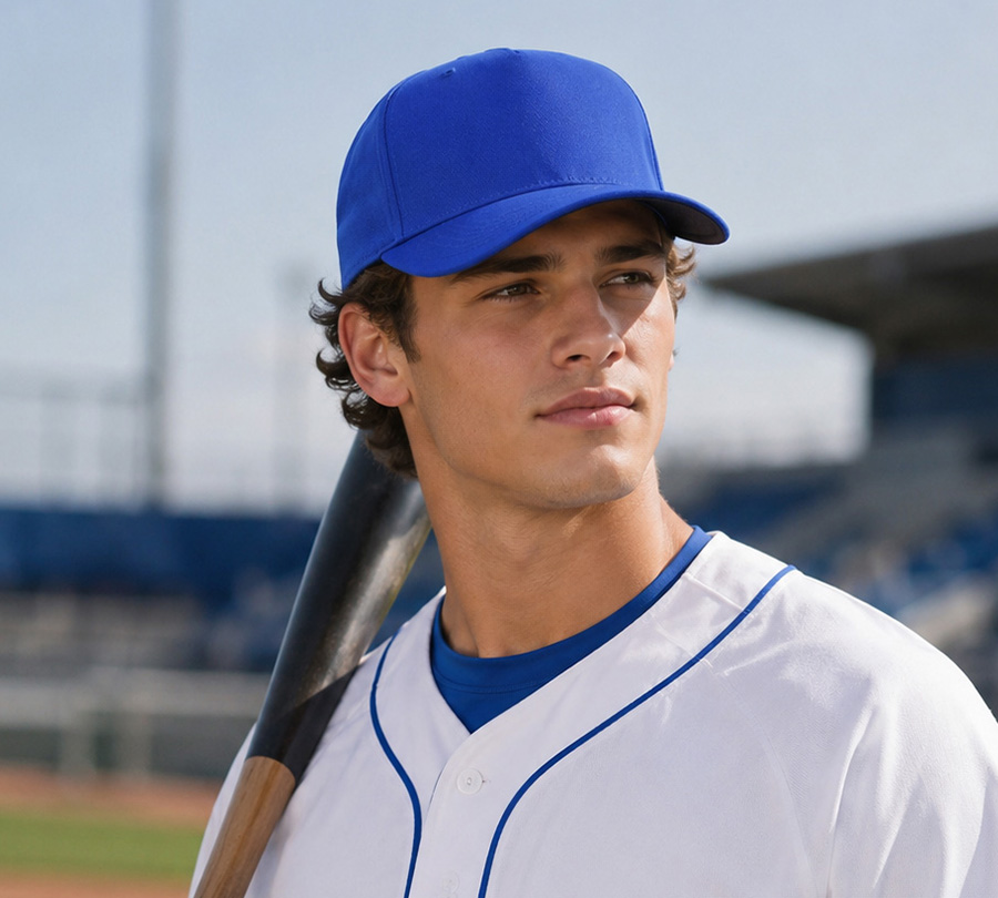Model wearing a blue baseball cap