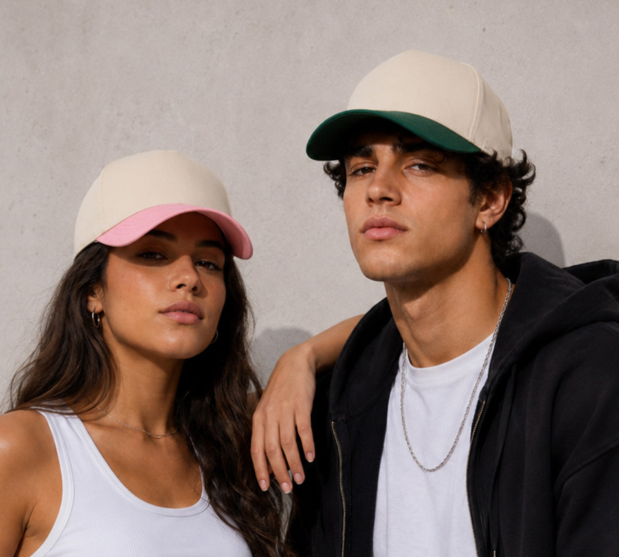 Male and female models wearing Kya Kane caps
